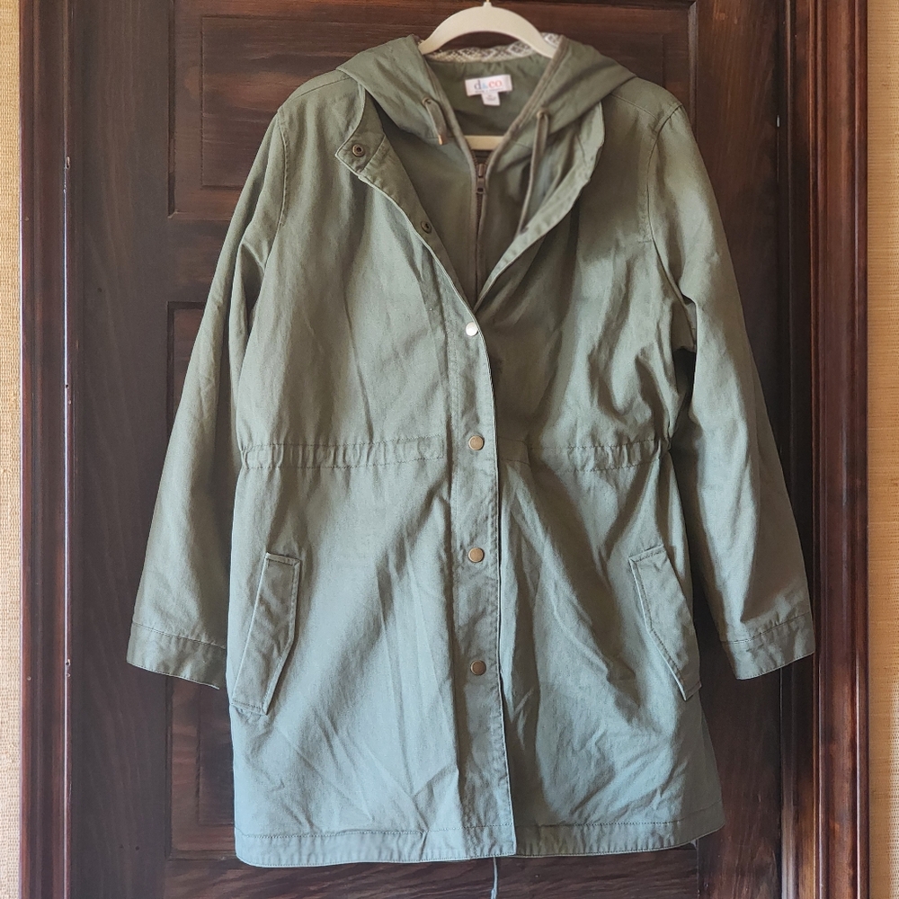 Olive Green Utility Jacket with Hood Snaps & Zipper POCKETS Size XL - Picture 6 of 16